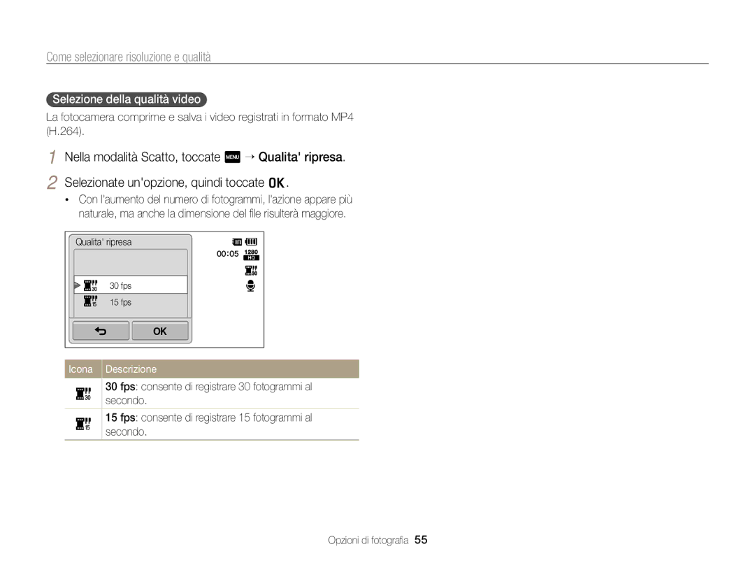 Samsung EC-SH100ZDPSME, EC-SH100ZBPBE1, EC-SH100ZDPBME, EC-SH100ZBPSE1, EC-SH100ZDPRME manual Selezione della qualità video 