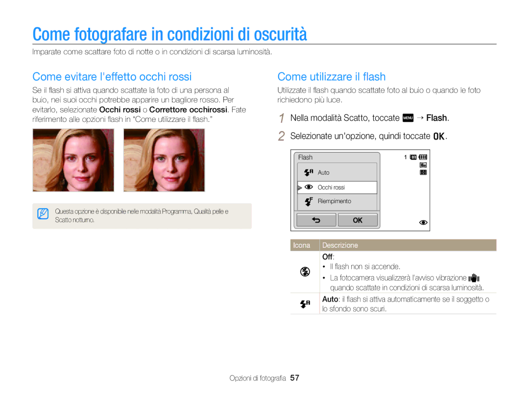 Samsung EC-SH100ZBPSE1, EC-SH100ZBPBE1 manual Come fotografare in condizioni di oscurità, Come evitare leffetto occhi rossi 