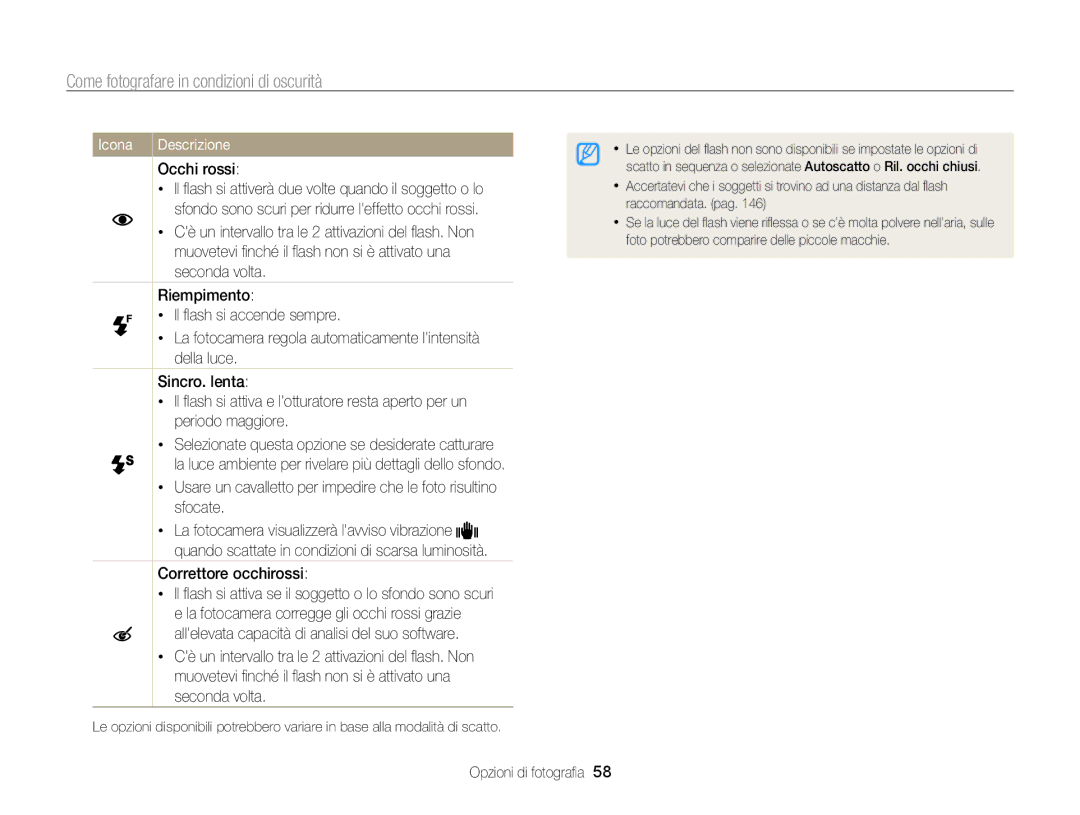 Samsung EC-SH100ZDPRME, EC-SH100ZBPBE1 manual Come fotografare in condizioni di oscurità, Occhi rossi, Correttore occhirossi 