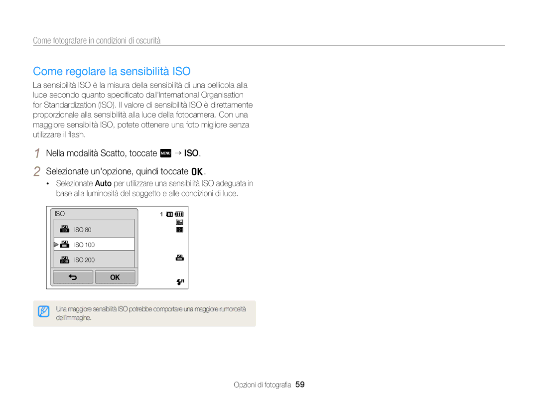 Samsung EC-SH100ZBPBE1, EC-SH100ZDPSME, EC-SH100ZDPBME, EC-SH100ZBPSE1, EC-SH100ZDPRME manual Come regolare la sensibilità ISO 