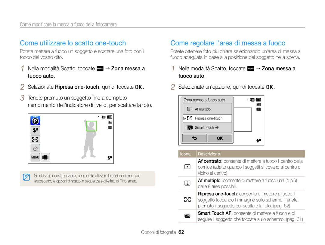 Samsung EC-SH100ZBPSE1 manual Come utilizzare lo scatto one-touch, Come regolare larea di messa a fuoco, Vicino al centro 