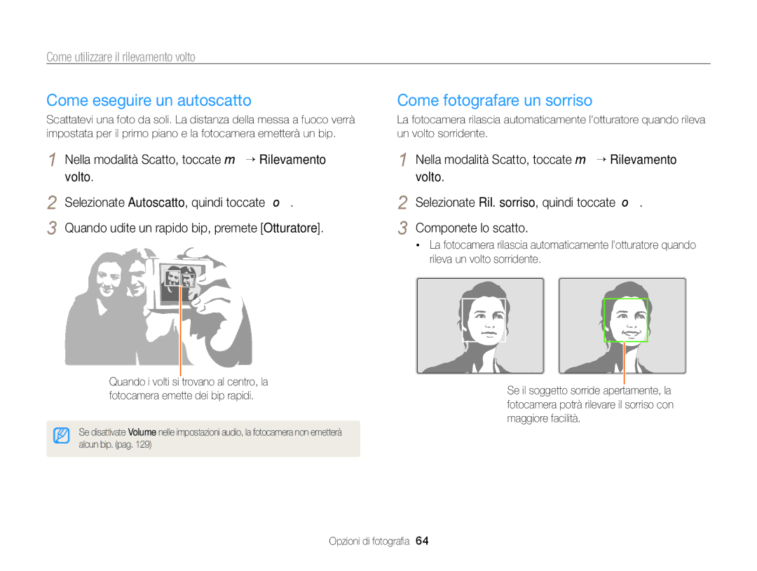 Samsung EC-SH100ZBPBE1 Come eseguire un autoscatto, Come fotografare un sorriso, Come utilizzare il rilevamento volto 