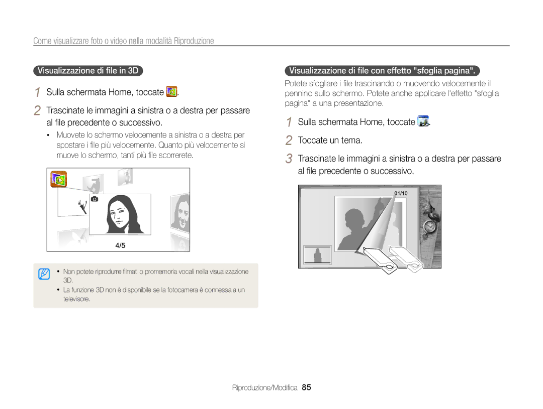 Samsung EC-SH100ZDPSME, EC-SH100ZBPBE1 manual Al ﬁle precedente o successivo, Toccate un tema, Visualizzazione di ﬁle in 3D 