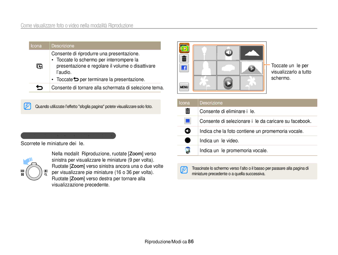 Samsung EC-SH100ZDPBME, EC-SH100ZBPBE1 manual Visualizzazione dei ﬁle come miniature, Scorrete le miniature dei ﬁle, Schermo 