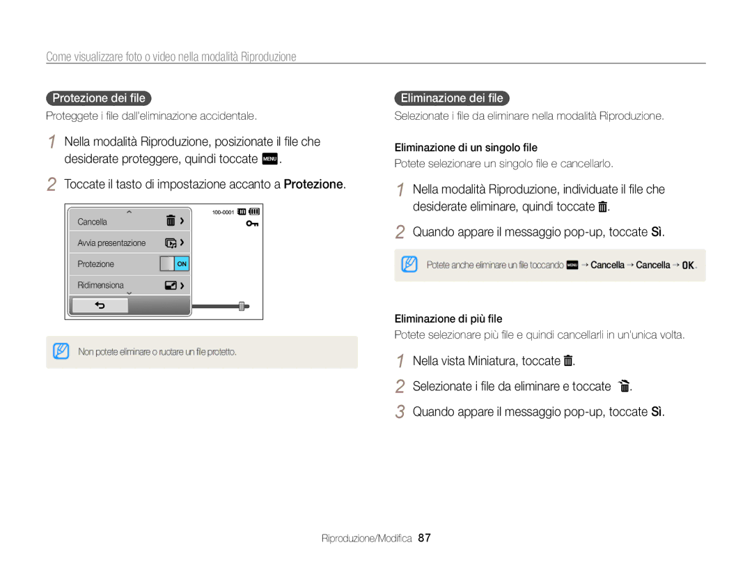 Samsung EC-SH100ZBPSE1 manual Toccate il tasto di impostazione accanto a Protezione, Nella vista Miniatura, toccate 