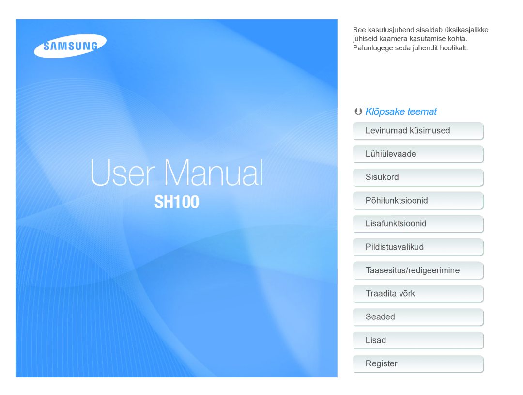 Samsung EC-SH100ZBPBE1, EC-SH100ZBPRE1, EC-SH100ZDPSME, EC-SH100ZDPBME, EC-SH100ZBPSE1, EC-SH100ZDPRME, EC-SH100ZBPRAE manual 