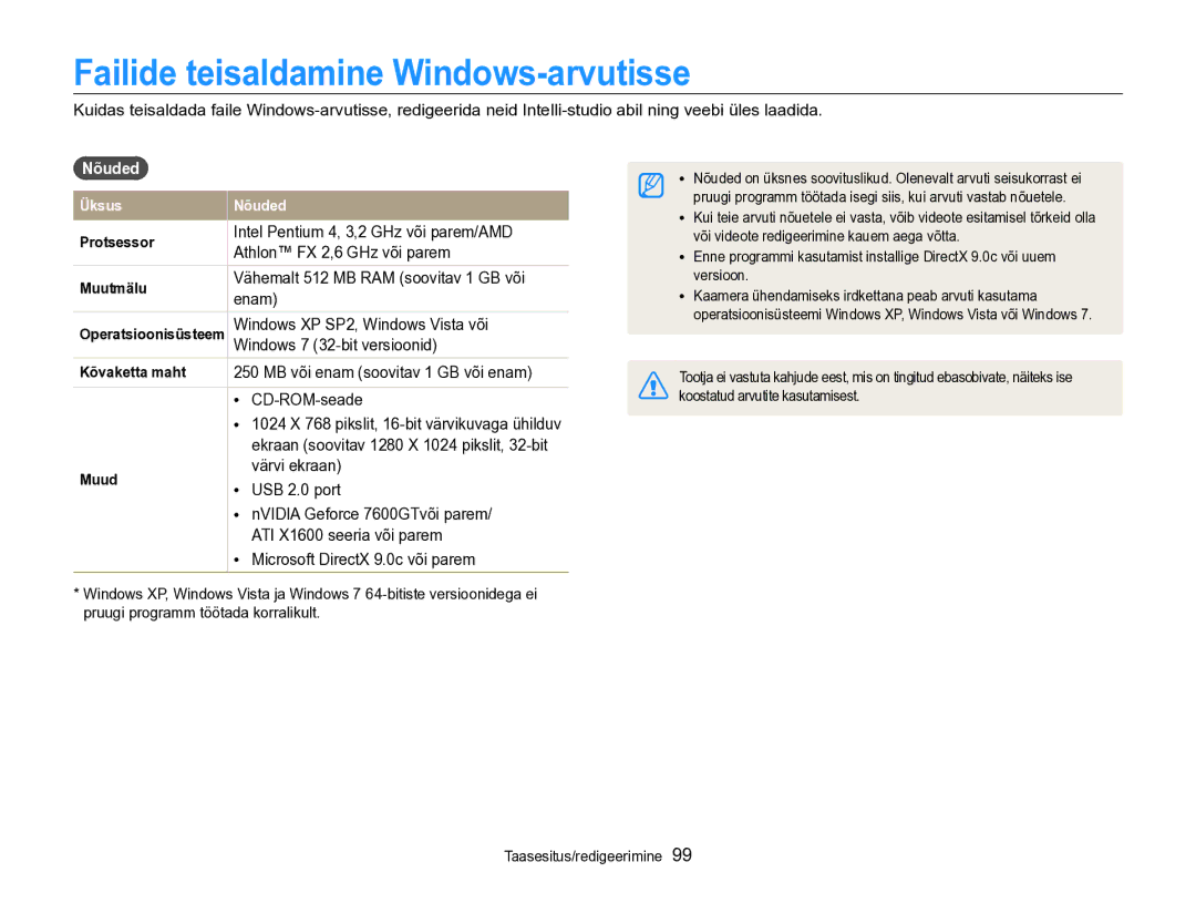 Samsung EC-SH100ZBPBE2 manual Failide teisaldamine Windows-arvutisse, Nõuded 