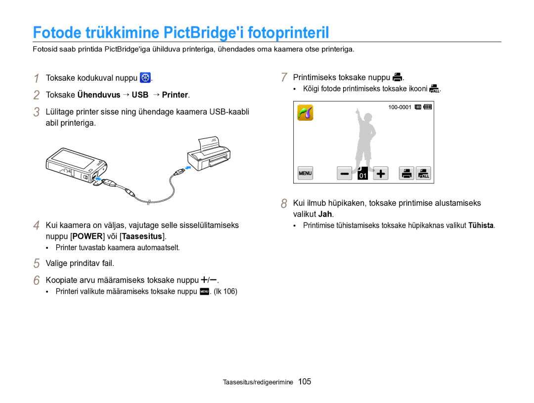 Samsung EC-SH100ZBPBE2 manual Fotode trükkimine PictBridgei fotoprinteril, Toksake Ühenduvus “ USB “ Printer 