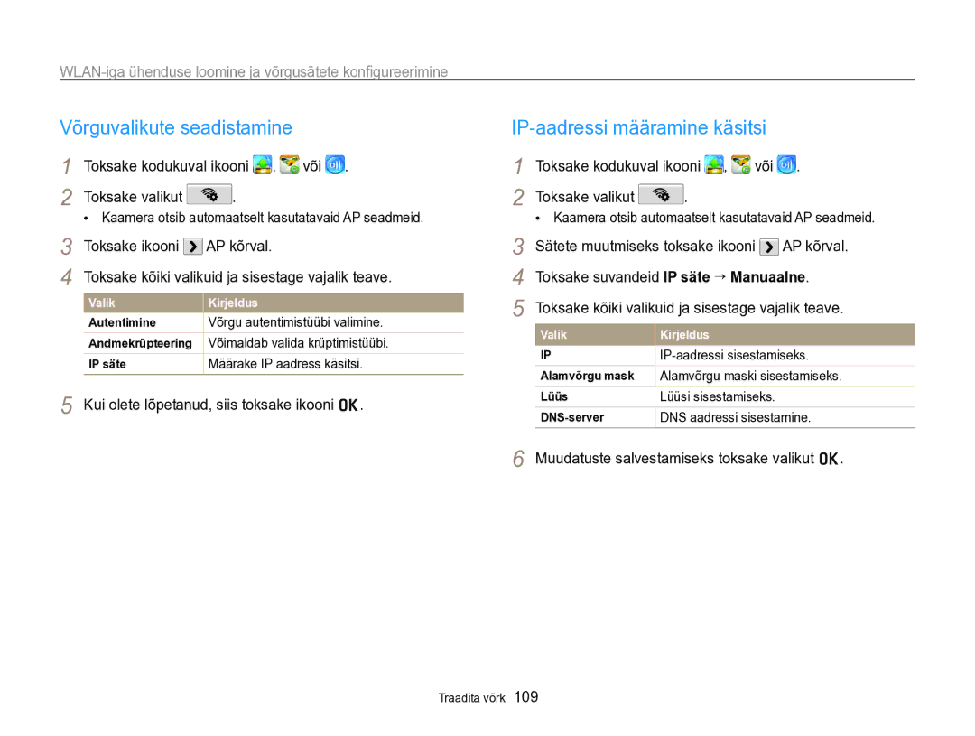 Samsung EC-SH100ZBPBE2 manual Võrguvalikute seadistamine, IP-aadressi määramine käsitsi, Või Toksake valikut 