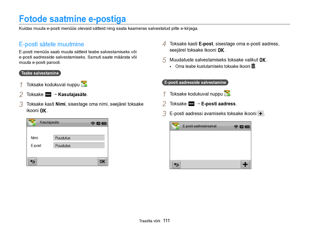 Samsung EC-SH100ZBPBE2 manual Fotode saatmine e-postiga, Posti sätete muutmine, Toksake m “ Kasutajasäte 