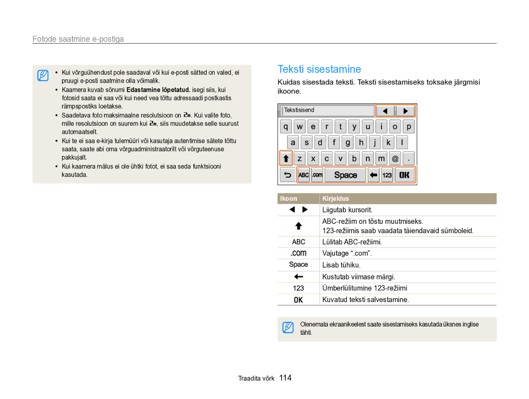 Samsung EC-SH100ZBPBE2 manual Teksti sisestamine 