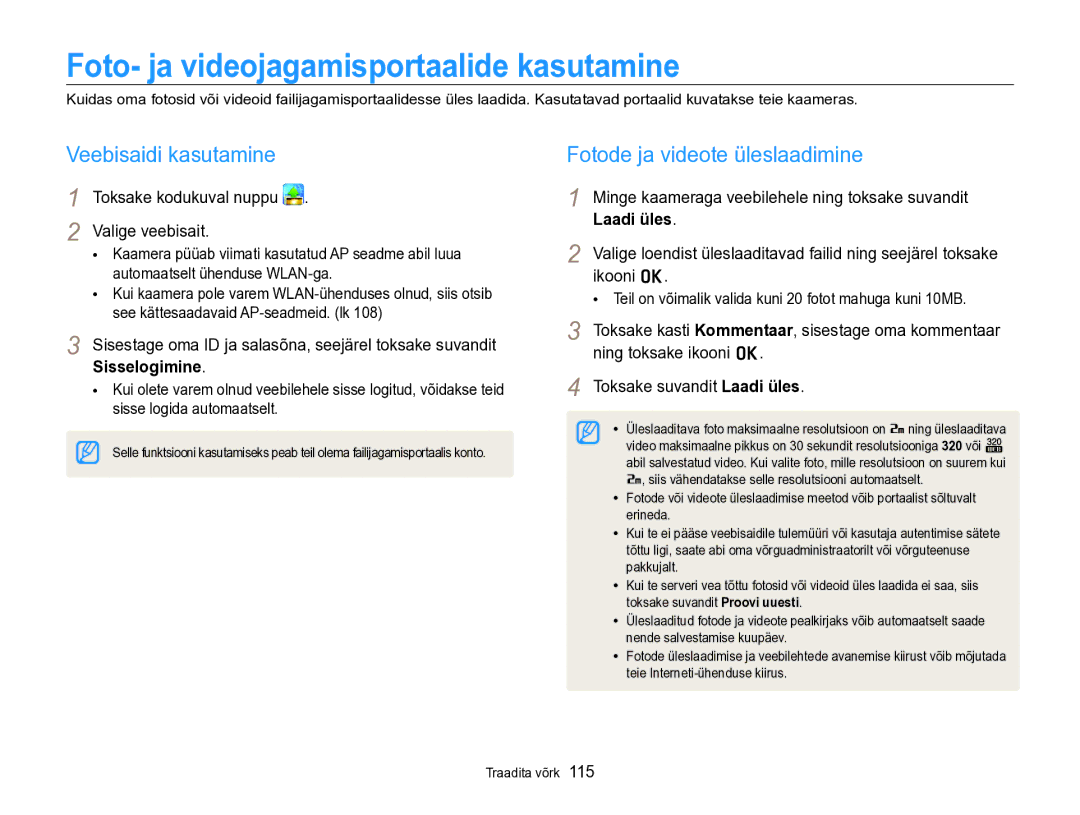 Samsung EC-SH100ZBPBE2 Foto- ja videojagamisportaalide kasutamine, Veebisaidi kasutamine, Fotode ja videote üleslaadimine 