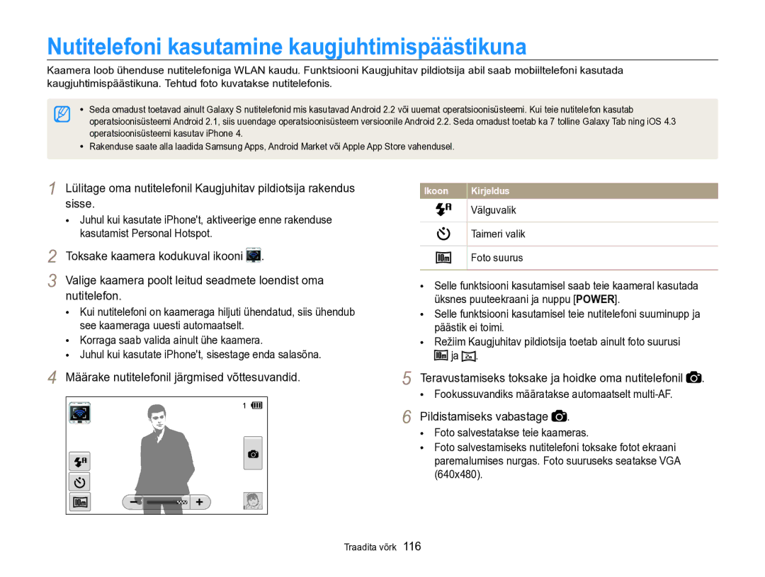 Samsung EC-SH100ZBPBE2 manual Nutitelefoni kasutamine kaugjuhtimispäästikuna, Toksake kaamera kodukuval ikooni 