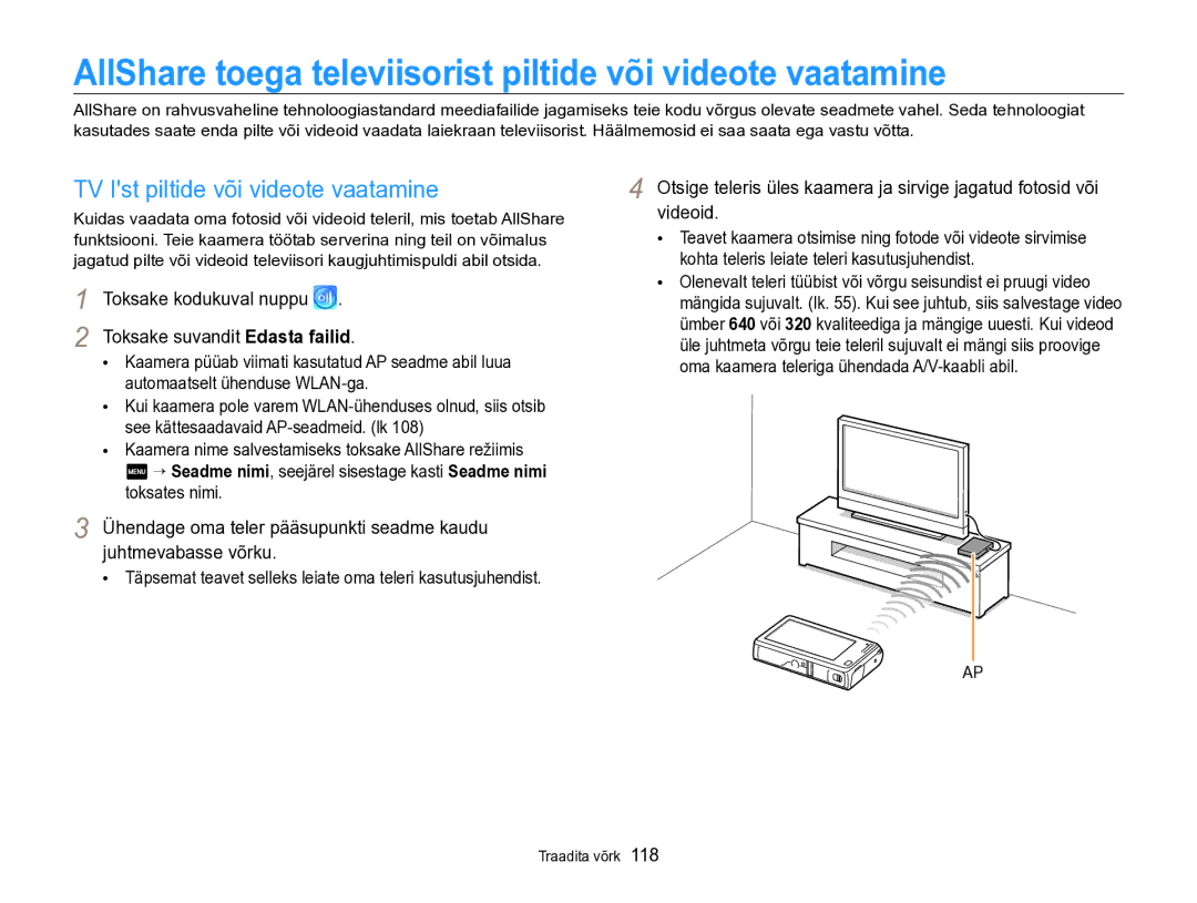 Samsung EC-SH100ZBPBE2 AllShare toega televiisorist piltide või videote vaatamine, TV Ist piltide või videote vaatamine 