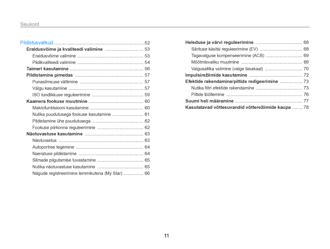 Samsung EC-SH100ZBPBE2 manual Sisukord, Eraldusvõime ja kvaliteedi valimine 