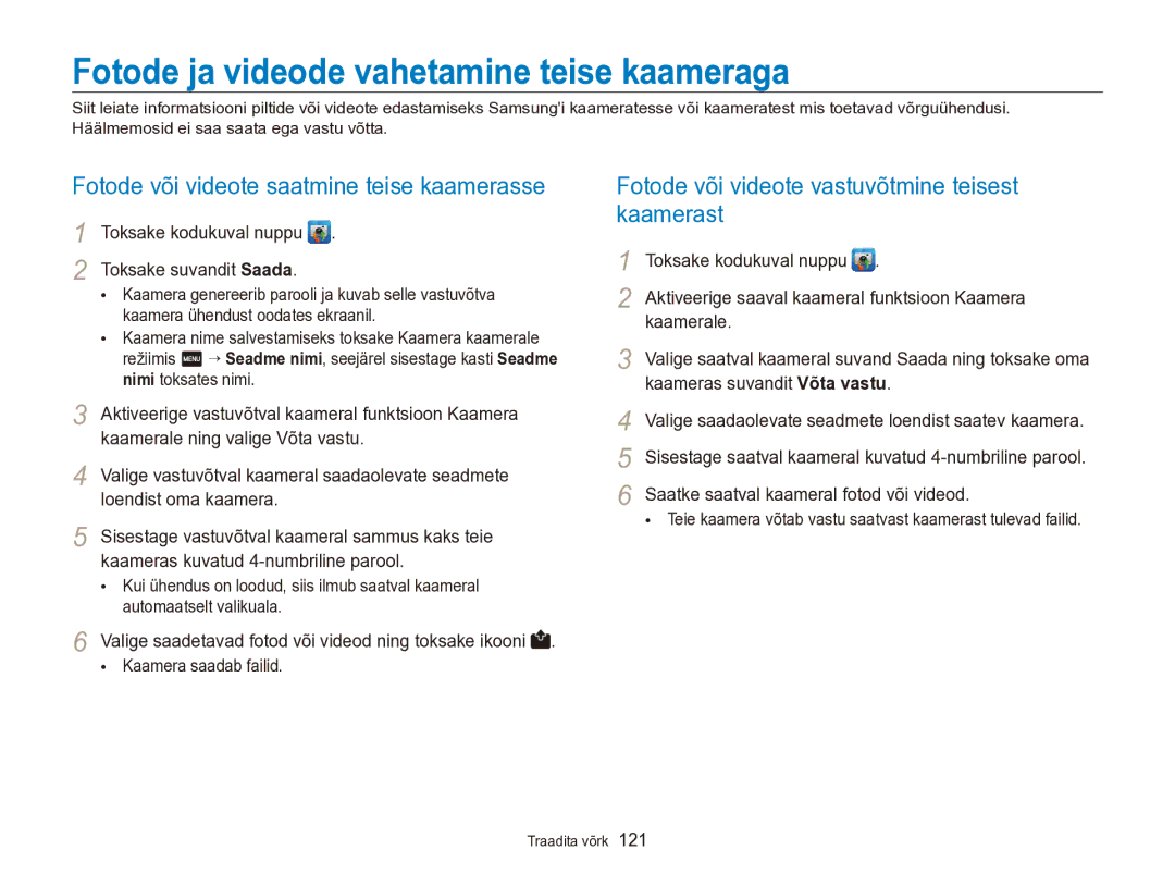 Samsung EC-SH100ZBPBE2 manual Fotode ja videode vahetamine teise kaameraga, Fotode või videote saatmine teise kaamerasse 