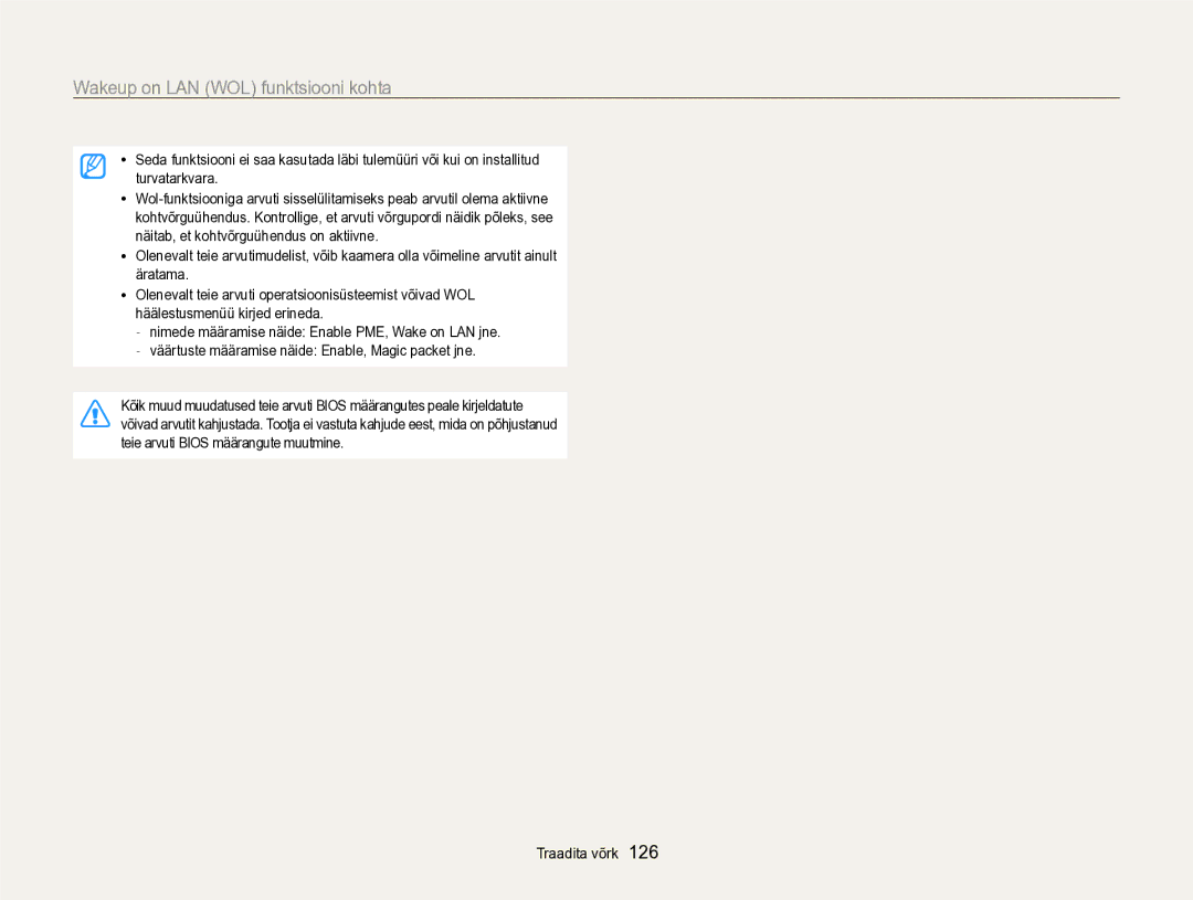 Samsung EC-SH100ZBPBE2 manual Wakeup on LAN WOL funktsiooni kohta 