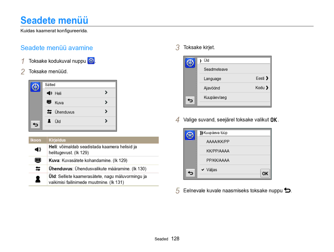 Samsung EC-SH100ZBPBE2 manual Seadete menüü avamine, Toksake kodukuval nuppu Toksake menüüd, Toksake kirjet 