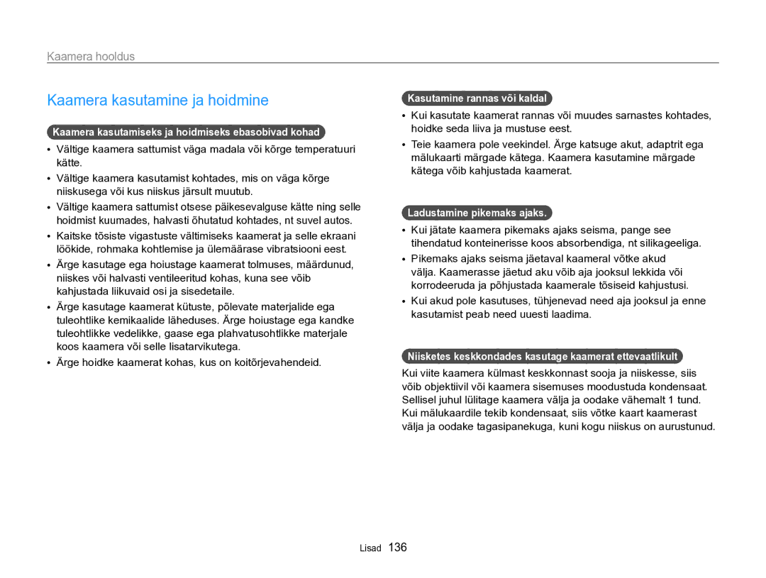 Samsung EC-SH100ZBPBE2 manual Kaamera kasutamine ja hoidmine, Kaamera hooldus 