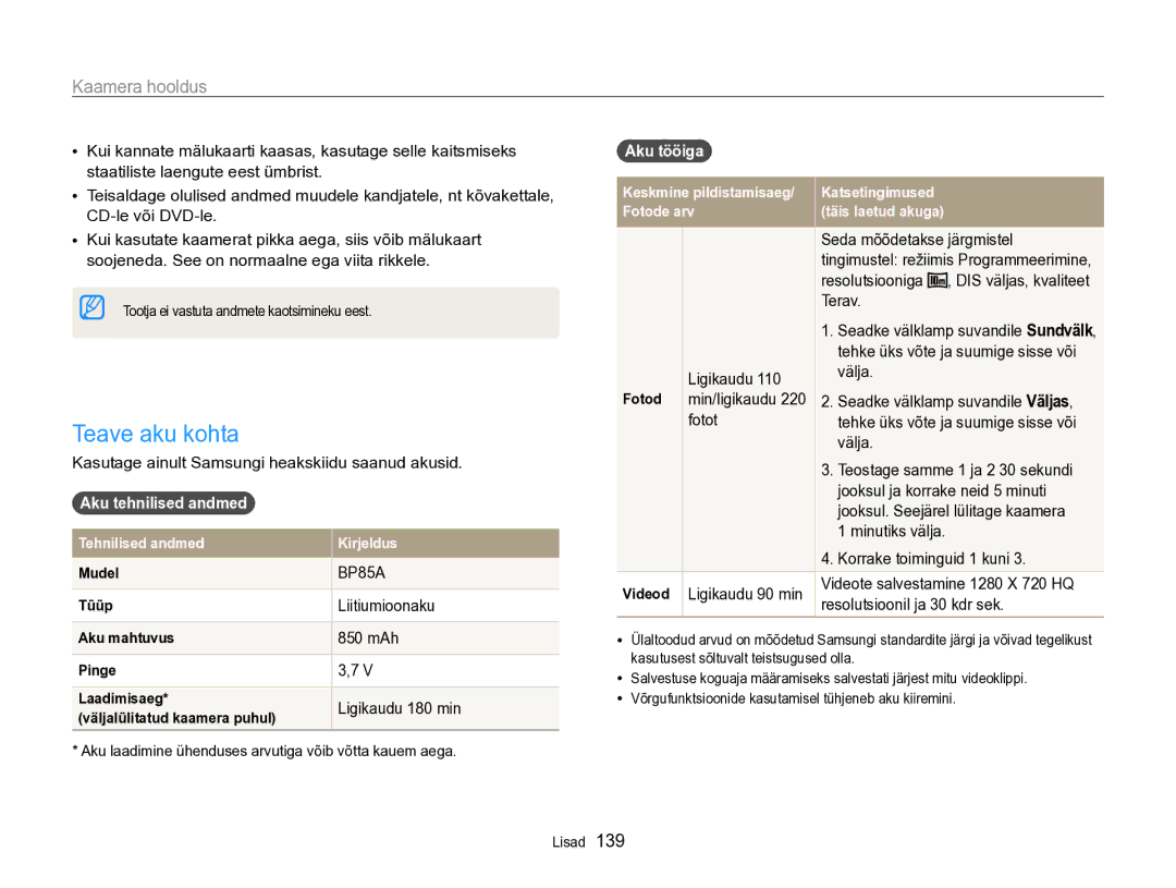 Samsung EC-SH100ZBPBE2 manual Teave aku kohta, Aku tehnilised andmed, Aku tööiga 