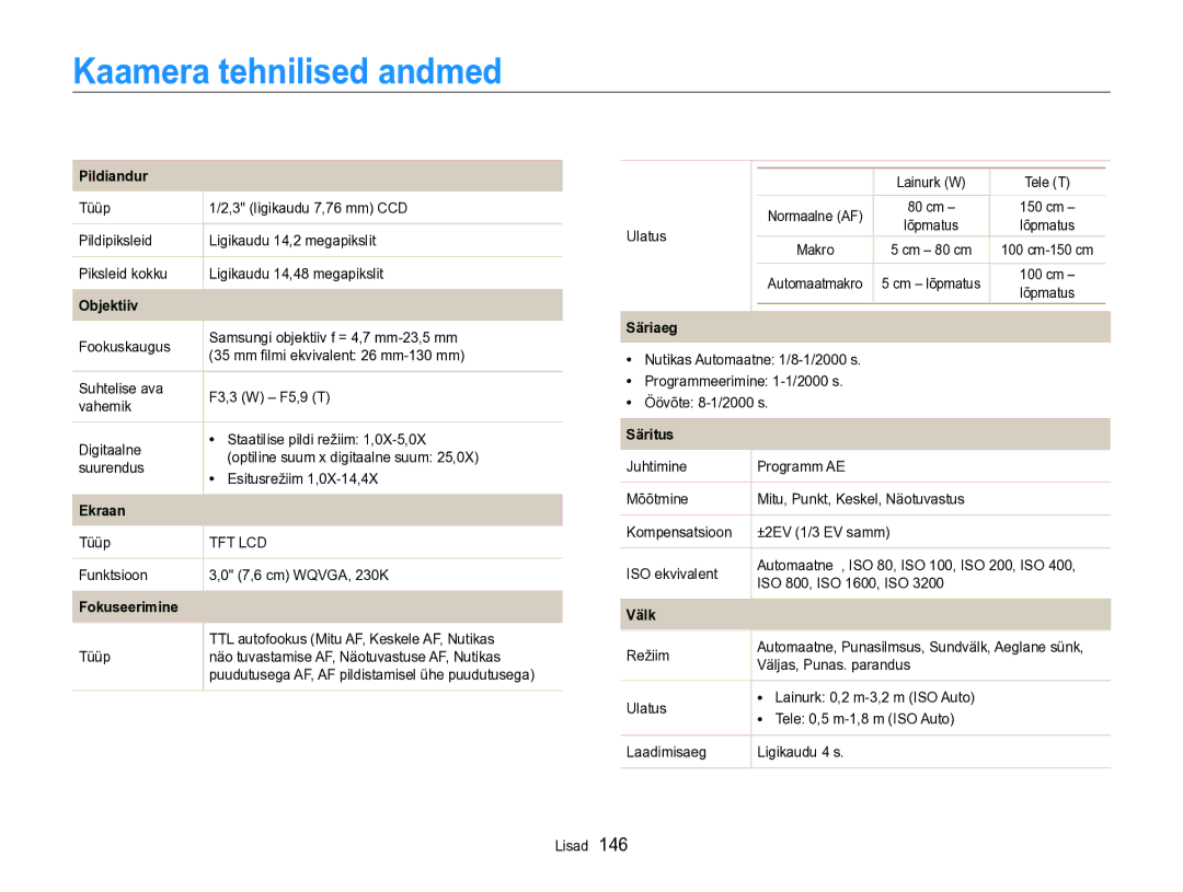 Samsung EC-SH100ZBPBE2 manual Kaamera tehnilised andmed 