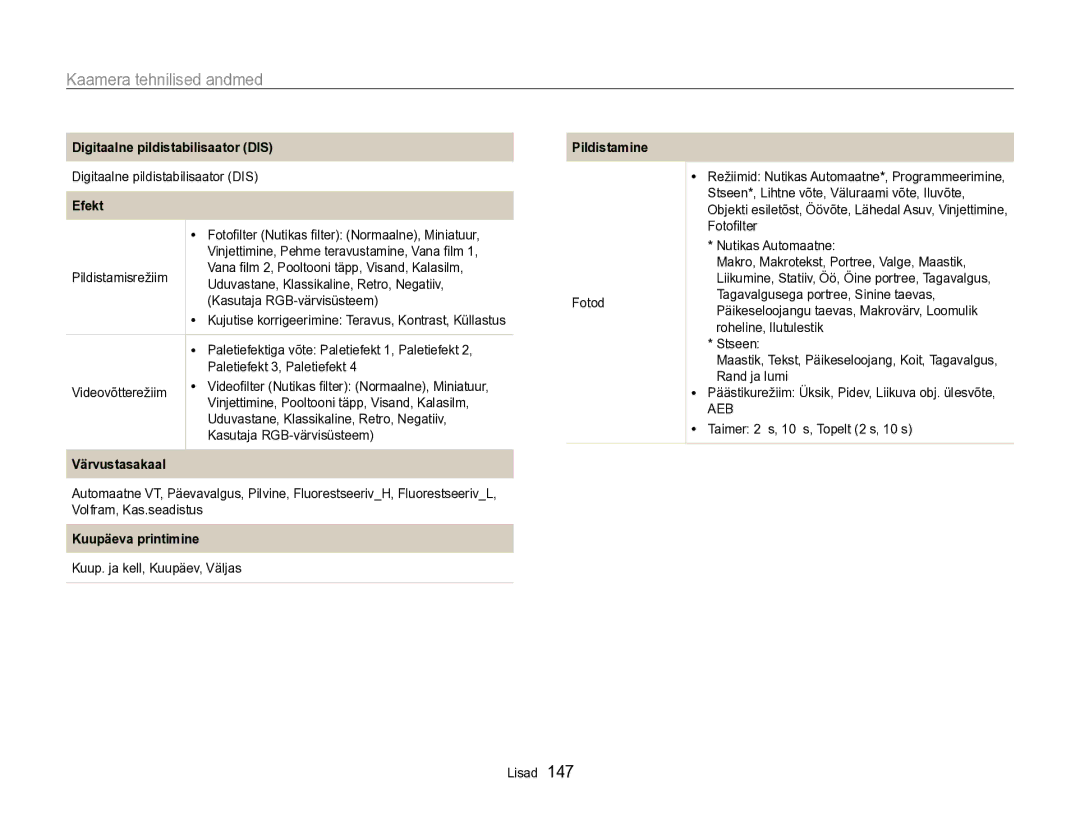 Samsung EC-SH100ZBPBE2 manual Kaamera tehnilised andmed, Digitaalne pildistabilisaator DIS, Efekt, Kuupäeva printimine 