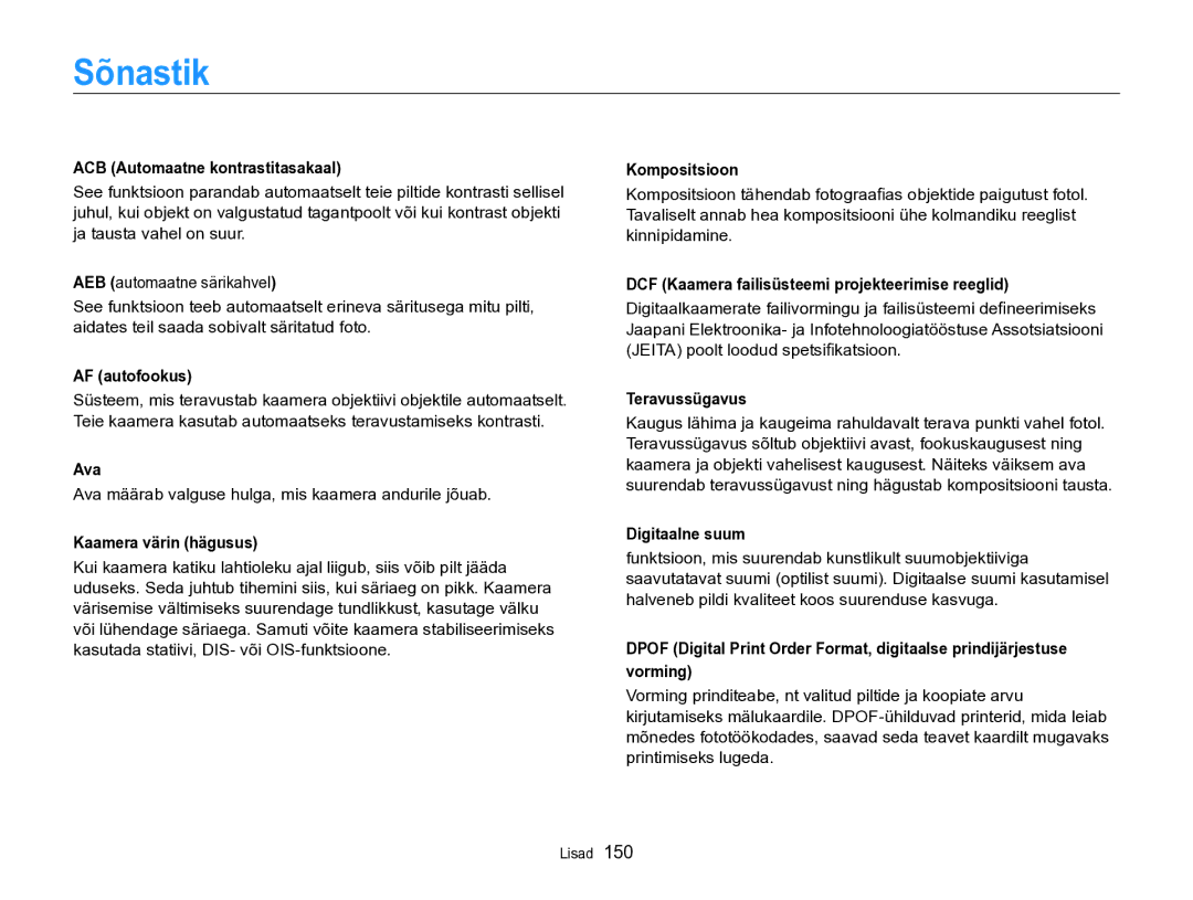 Samsung EC-SH100ZBPBE2 manual Sõnastik 