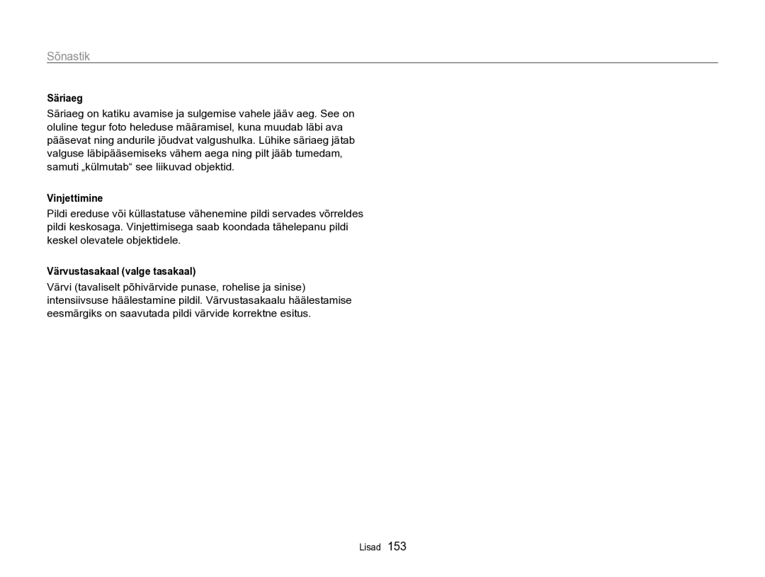 Samsung EC-SH100ZBPBE2 manual Säriaeg, Vinjettimine, Värvustasakaal valge tasakaal 