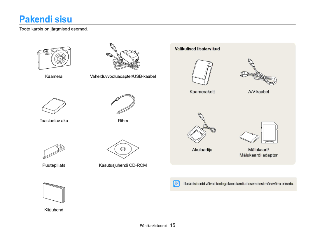 Samsung EC-SH100ZBPBE2 manual Pakendi sisu, Toote karbis on järgmised esemed, Valikulised lisatarvikud, Kiirjuhend 