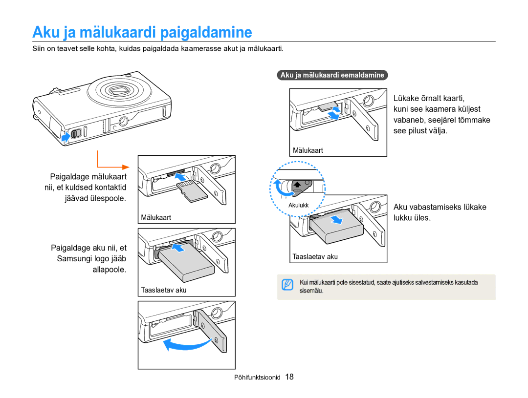 Samsung EC-SH100ZBPBE2 manual Aku ja mälukaardi paigaldamine, Paigaldage aku nii, et Samsungi logo jääb allapoole 