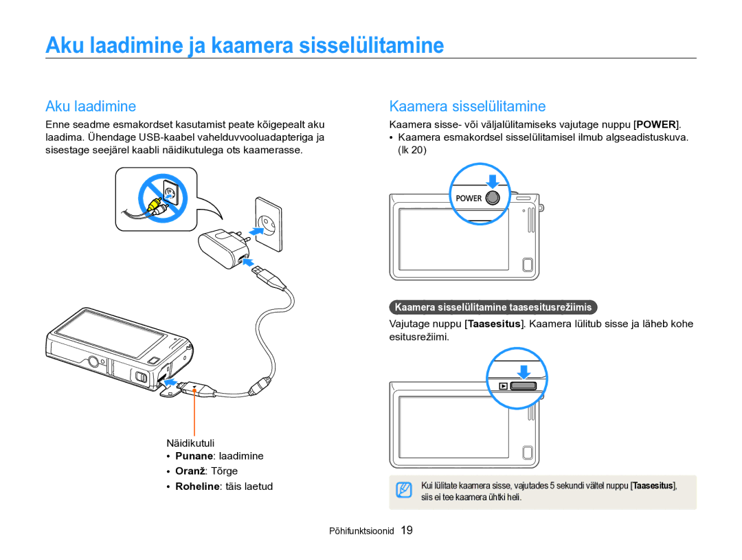 Samsung EC-SH100ZBPBE2 manual Aku laadimine ja kaamera sisselülitamine, Kaamera sisselülitamine taasesitusrežiimis 