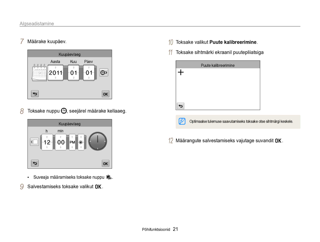 Samsung EC-SH100ZBPBE2 manual Algseadistamine, Toksake valikut Puute kalibreerimine 