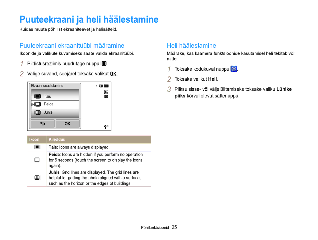 Samsung EC-SH100ZBPBE2 manual Puuteekraani ja heli häälestamine, Puuteekraani ekraanitüübi määramine, Heli häälestamine 