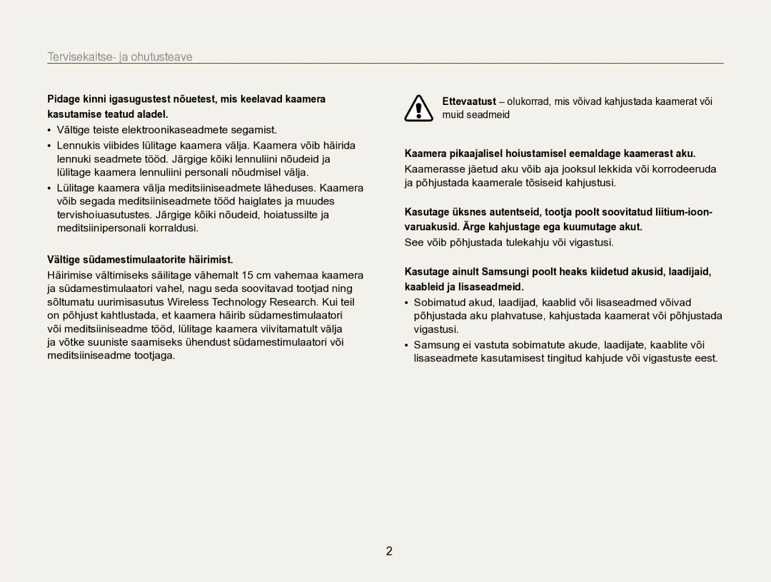 Samsung EC-SH100ZBPBE2 manual Tervisekaitse- ja ohutusteave, Vältige teiste elektroonikaseadmete segamist 