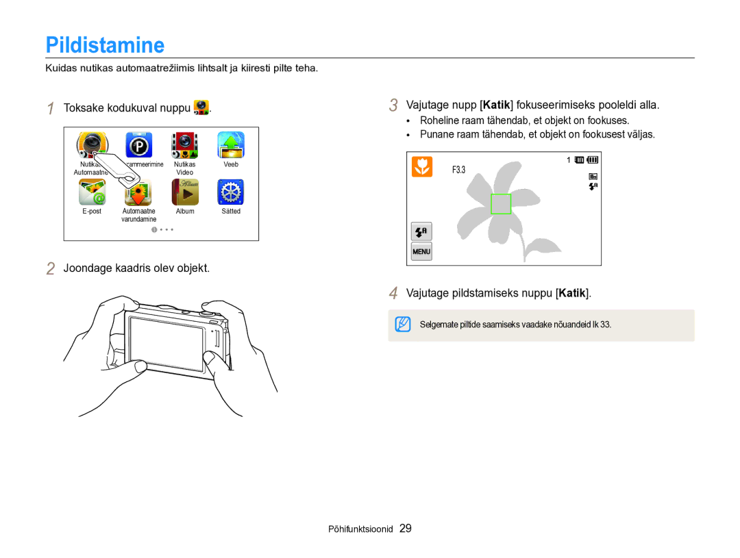 Samsung EC-SH100ZBPBE2 manual Pildistamine, Toksake kodukuval nuppu, Vajutage pildstamiseks nuppu Katik 