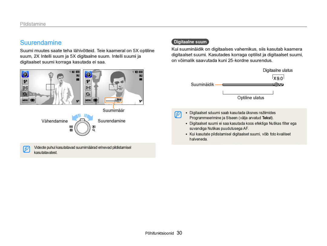 Samsung EC-SH100ZBPBE2 manual Suurendamine, Pildistamine, Digitaalne suum, Digitaalne ulatus Suuminäidik Optiline ulatus 