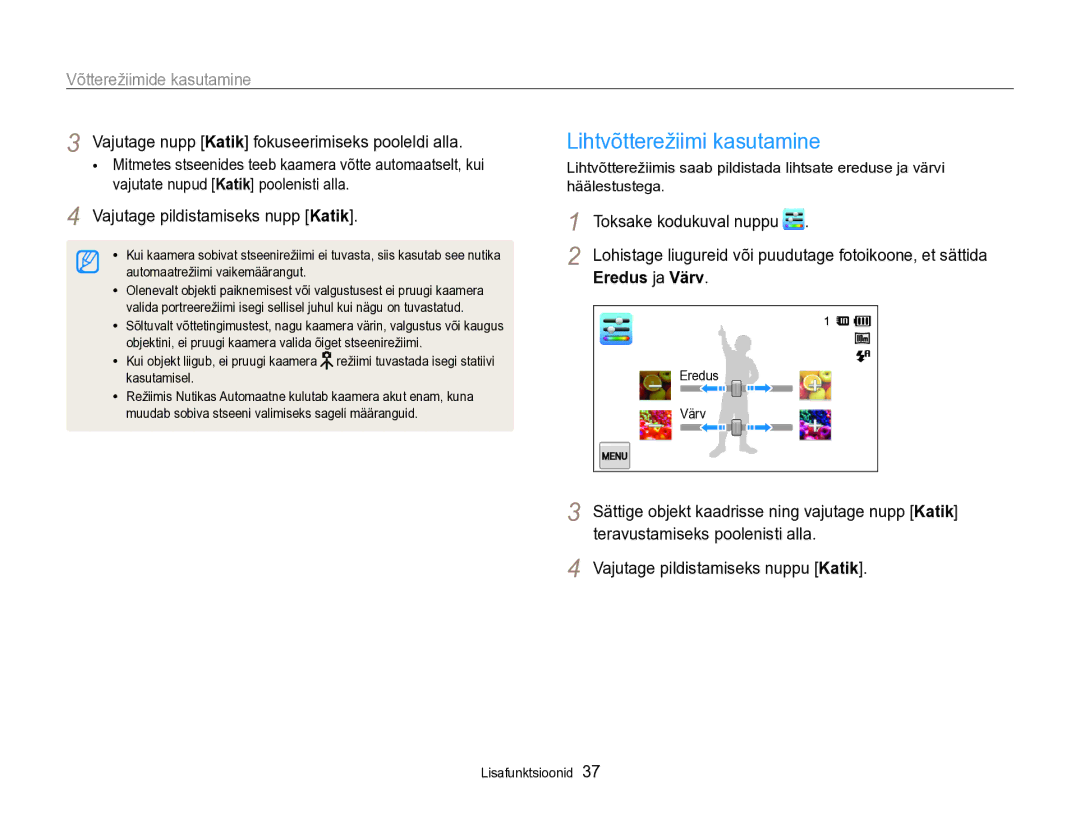 Samsung EC-SH100ZBPBE2 manual Lihtvõtterežiimi kasutamine, Võtterežiimide kasutamine, Vajutage pildistamiseks nupp Katik 