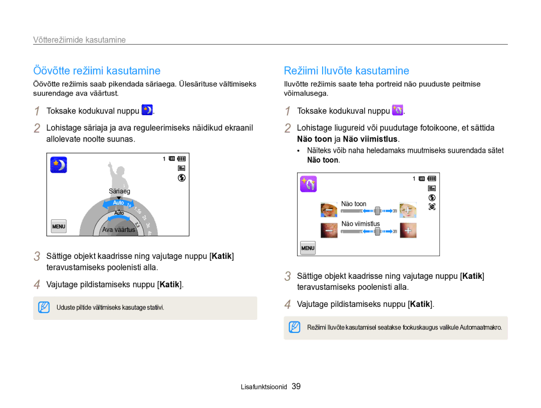 Samsung EC-SH100ZBPBE2 manual Öövõtte režiimi kasutamine, Näo toon ja Näo viimistlus, Allolevate noolte suunas 