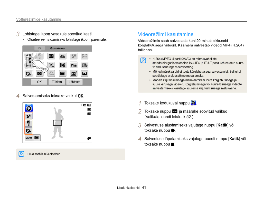 Samsung EC-SH100ZBPBE2 manual Videorežiimi kasutamine, Lohistage ikoon vasakule soovitud kasti, Toksake nuppu 