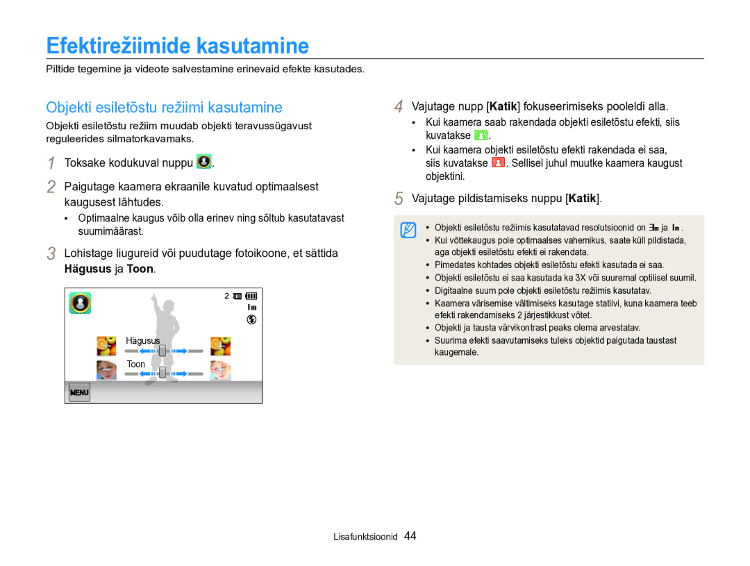 Samsung EC-SH100ZBPBE2 manual Efektirežiimide kasutamine, Objekti esiletõstu režiimi kasutamine, Kaugusest lähtudes 