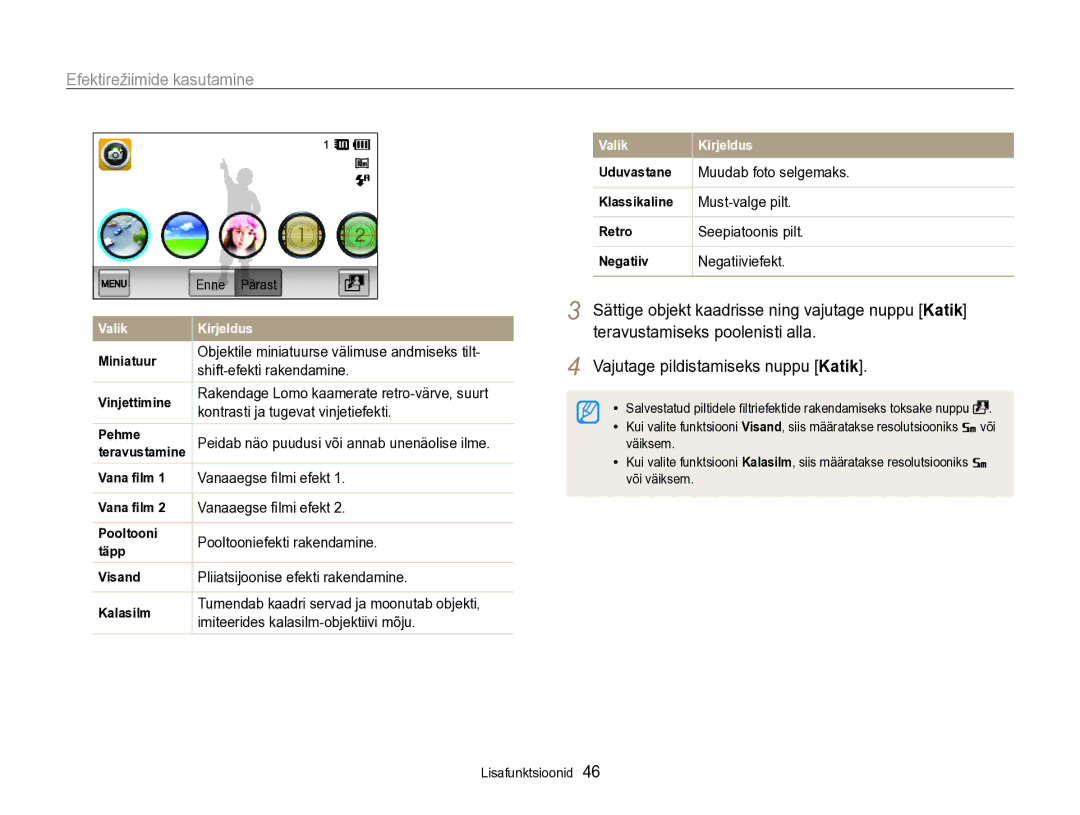 Samsung EC-SH100ZBPBE2 manual Shift-efekti rakendamine, Kontrasti ja tugevat vinjetiefekti, Vanaaegse ﬁlmi efekt 