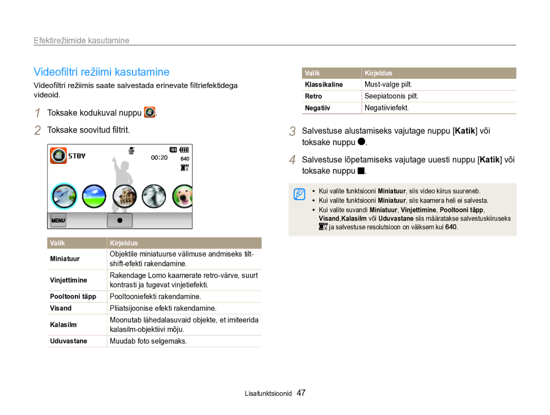 Samsung EC-SH100ZBPBE2 manual Videoﬁltri režiimi kasutamine 