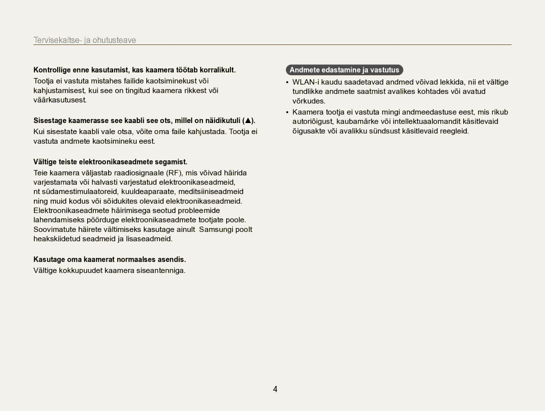 Samsung EC-SH100ZBPBE2 manual Kontrollige enne kasutamist, kas kaamera töötab korralikult, Andmete edastamine ja vastutus 