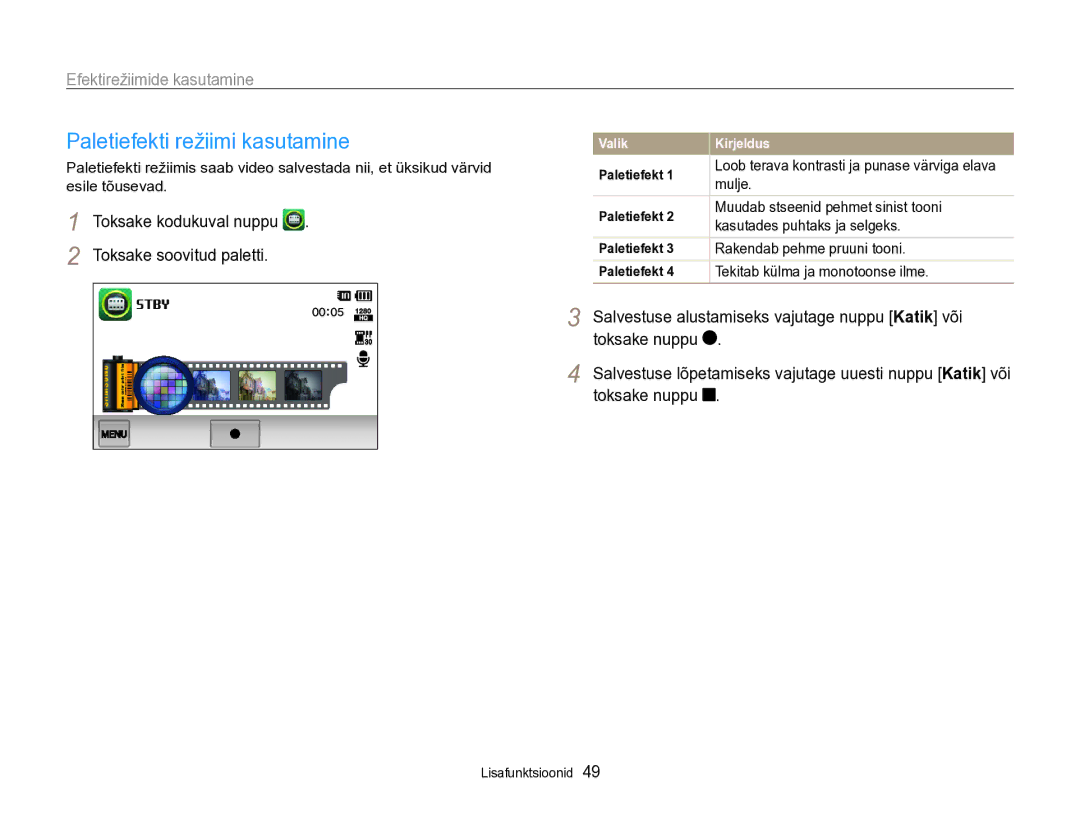 Samsung EC-SH100ZBPBE2 manual Paletiefekti režiimi kasutamine, Toksake kodukuval nuppu Toksake soovitud paletti 