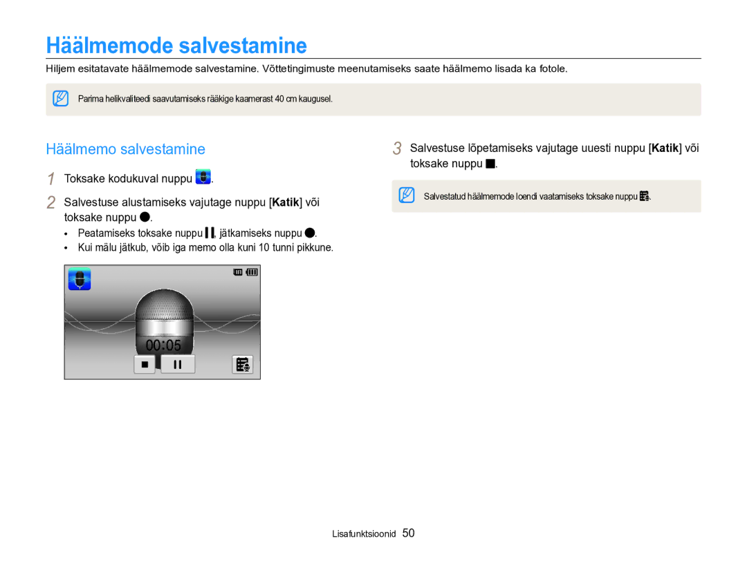 Samsung EC-SH100ZBPBE2 manual Häälmemode salvestamine, Häälmemo salvestamine 