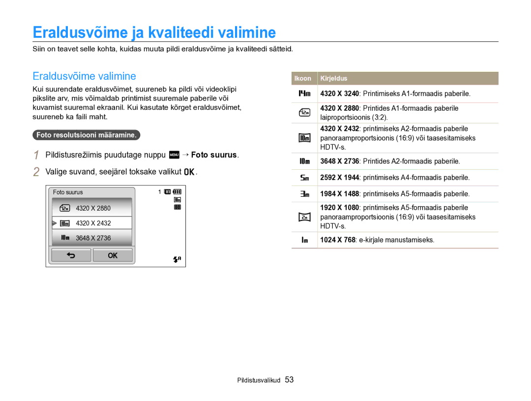 Samsung EC-SH100ZBPBE2 manual Eraldusvõime ja kvaliteedi valimine, Eraldusvõime valimine 