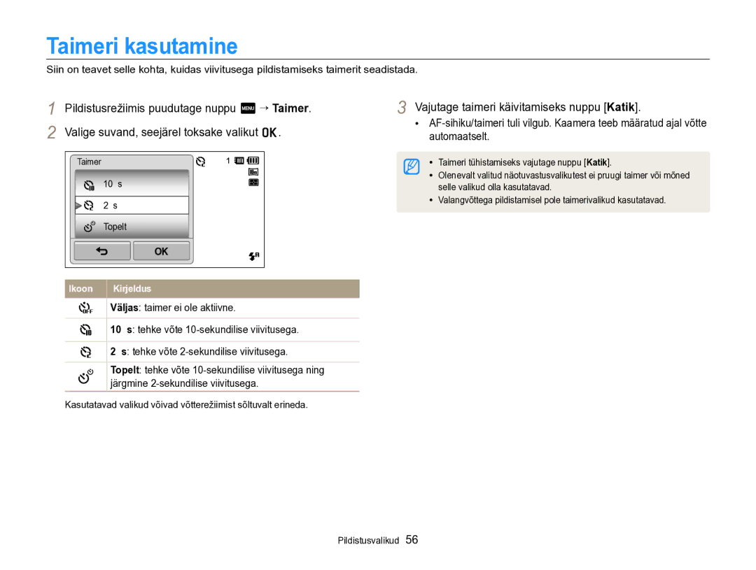 Samsung EC-SH100ZBPBE2 manual Taimeri kasutamine, Vajutage taimeri käivitamiseks nuppu Katik 