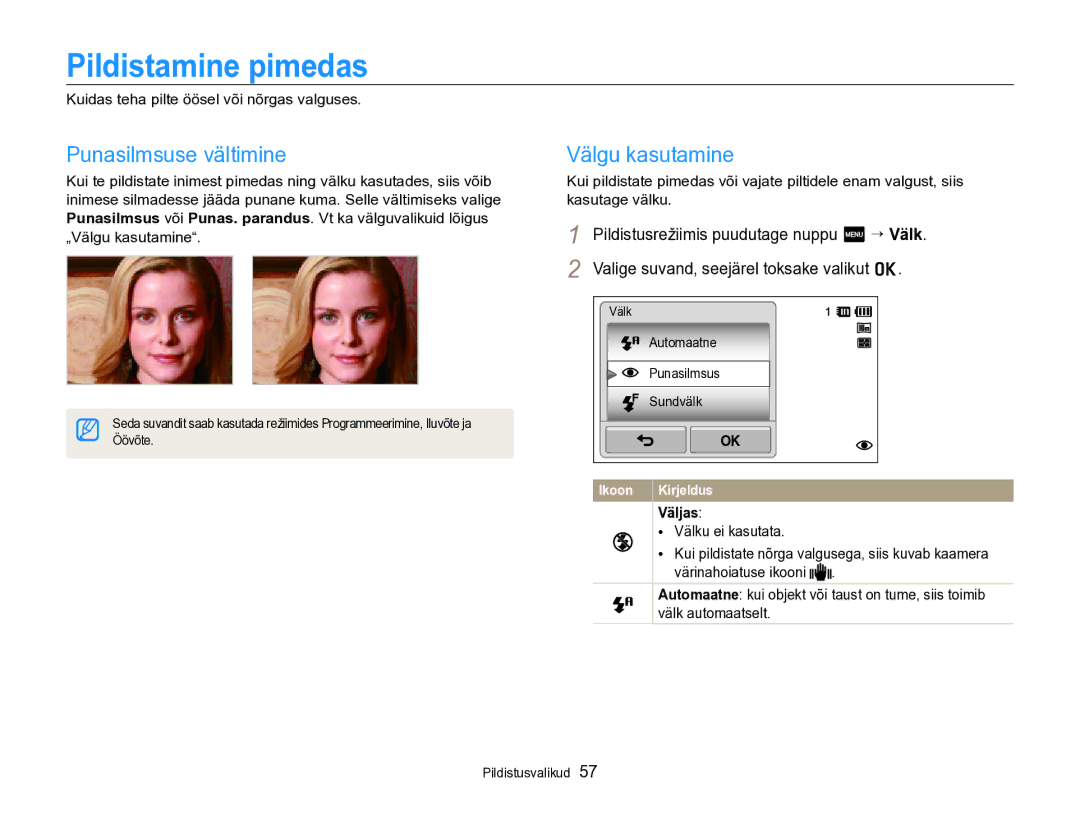 Samsung EC-SH100ZBPBE2 manual Pildistamine pimedas, Punasilmsuse vältimine, Välgu kasutamine, Väljas 