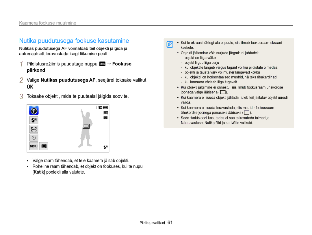 Samsung EC-SH100ZBPBE2 manual Nutika puudutusega fookuse kasutamine, Kaamera fookuse muutmine, Piirkond 