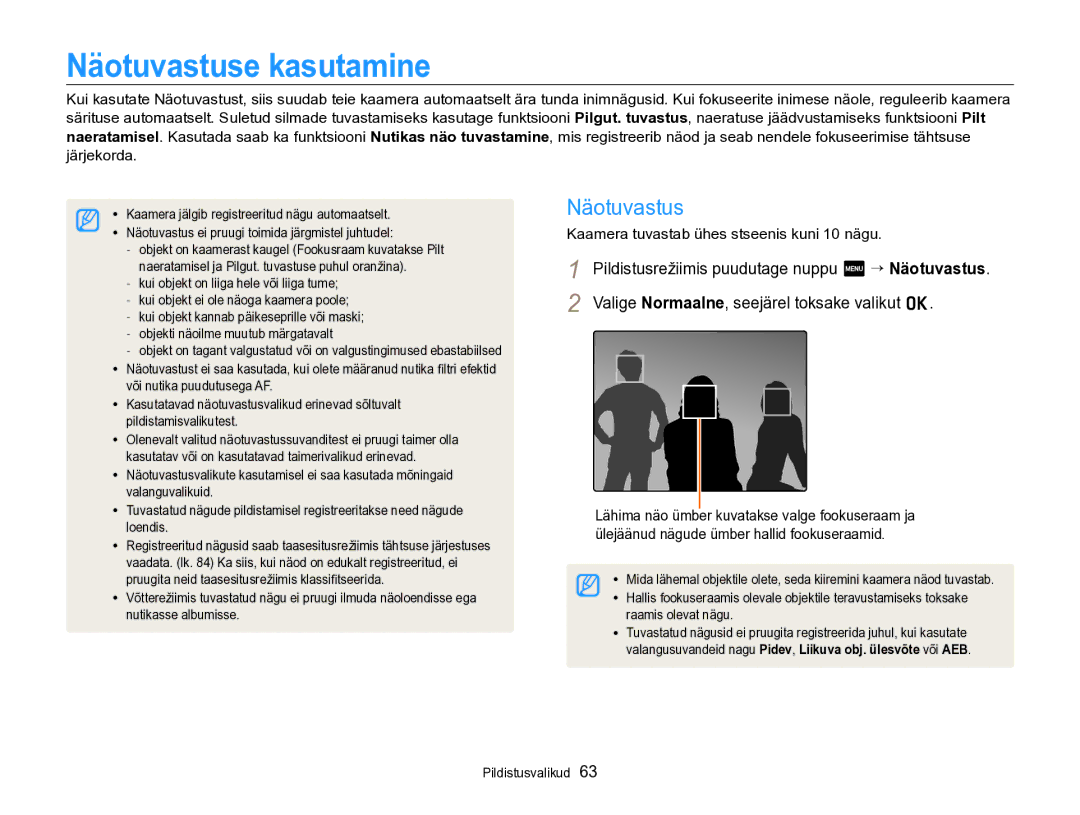 Samsung EC-SH100ZBPBE2 manual Näotuvastuse kasutamine, Kaamera tuvastab ühes stseenis kuni 10 nägu 